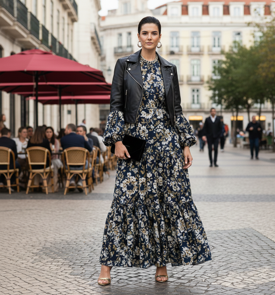 Woman wearing an elegant patterned outfit